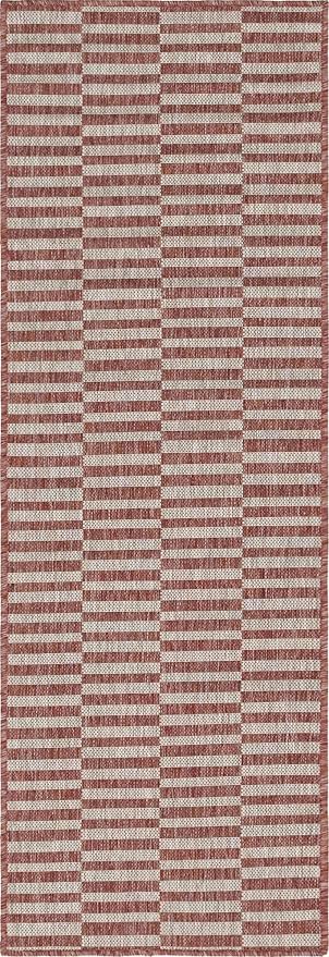 Unique Loom Outdoor Collection Classic Stripes, Transitional Indoor & Outdoor Area Rug, Rectangular 2' 0" x 6' 0", Red/Ivory