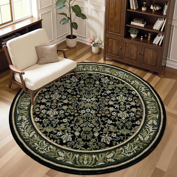 GarveeHome Round Rugs 4ft Washable Circle Rug for Living Room, Green Black | Boho Vintage Non Slip Soft Low Pile Stain Resistant Indoor Carpet for Bedroom Dining Room Kitchen Entryway Office