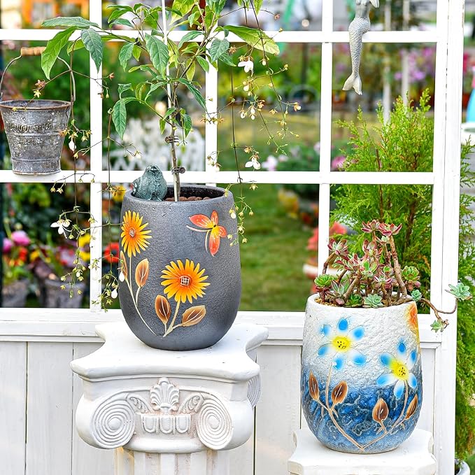Sungmor 10.6 Inch Ceramic Succulent Plant Pot with Drainage Hole, Hand Painted Flower Pots for Plants, Unique Texture Decorative Planter for Indoor and Outdoor, Pottery Vase for Home Office Decor