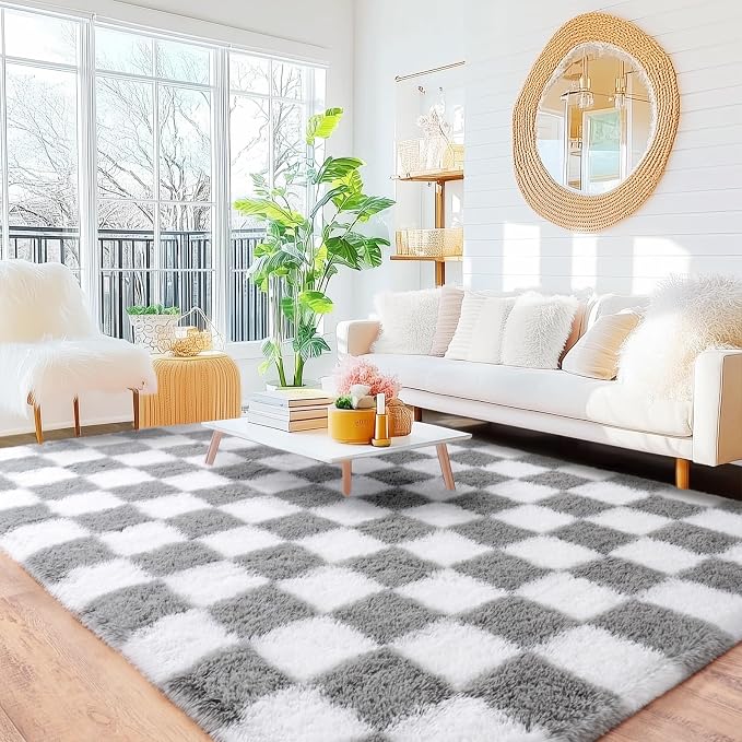 Checkered Rug 9x12 for Living Room, Ultra Fluffy Fuzzy Shag Large Area Rug for Bedroom, Modern Plush Soft Upgrade Non-Slip Carpet for Kids Girls and Boys Room Dorm Home Decor, White and Grey