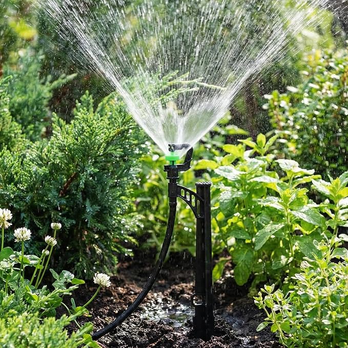 Briwooody 24 Sets 360 Degree Irrigation Sprinkler Heads with Stake Drip Micro Spray Emitters G-Type Adjustable Sprinkler Nozzle with Irrigation Tubing on Riser Stake for Garden Flower Plants Watering