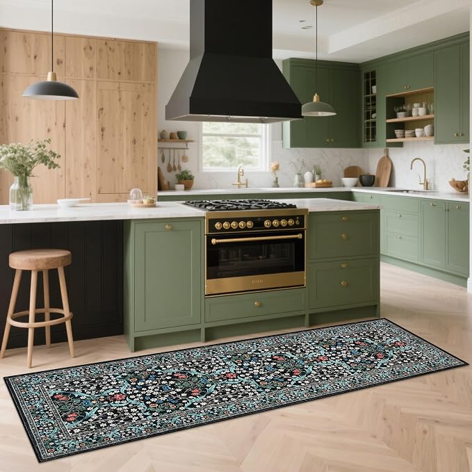 GarveeHome Black Floral 2x6 Washable Kitchen Runner Rug | Vintage Stain Resistant Rugs for Entryway Hallway Bedroom Bathroom Low-Pile Non-Slip Soft Botanical Boho Rug TPE Backing