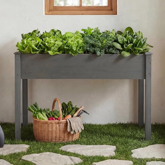 DUMOS Raised Garden Bed 48x24x30 Inch, Outdoor Planter Box with Legs, Elevated Wood Garden Bed with Liner for Herbs Flowers Vegetables, Wooden Planter Box for Patio, Balcony and Backyard, Grey