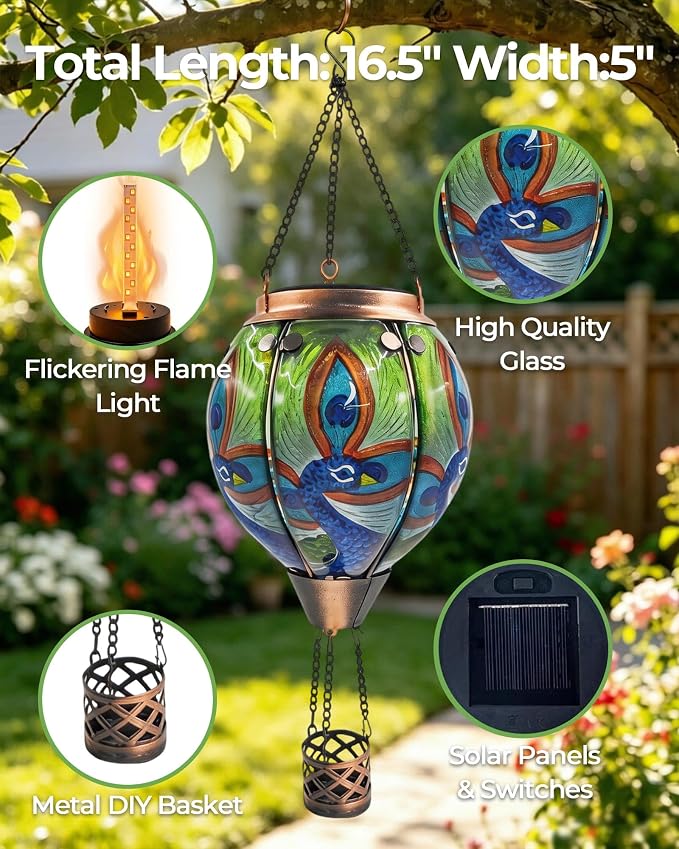 Hot Air Balloon Solar Lantern with Flickering Flame, Glass Hanging Garden Lights Outdoor Waterproof for Tree Yard Patio Mother's Day Gift (Peacock)