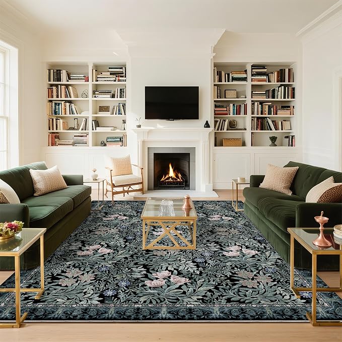 Washable Area Rugs 9x12 Black Green Vintage Floral Botanical Pattern,Perfect for Living Room, Bedroom, Kids Room, Nursery - Stain & Water Resistant Non-Slip, Pet & Child Friendly/Bedroom Decor