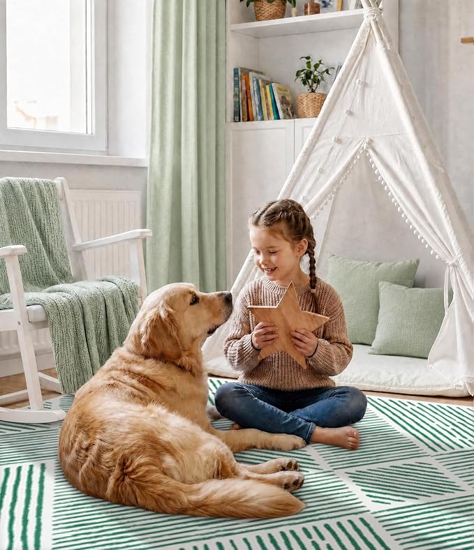 2‘x6' Washable Green Geometric Runner Rug for Kitchen Hallway | Non-Slip, Low Pile, Stain Resistant, Mid Century Modern Runner Long Rug for Entryway Bedroom