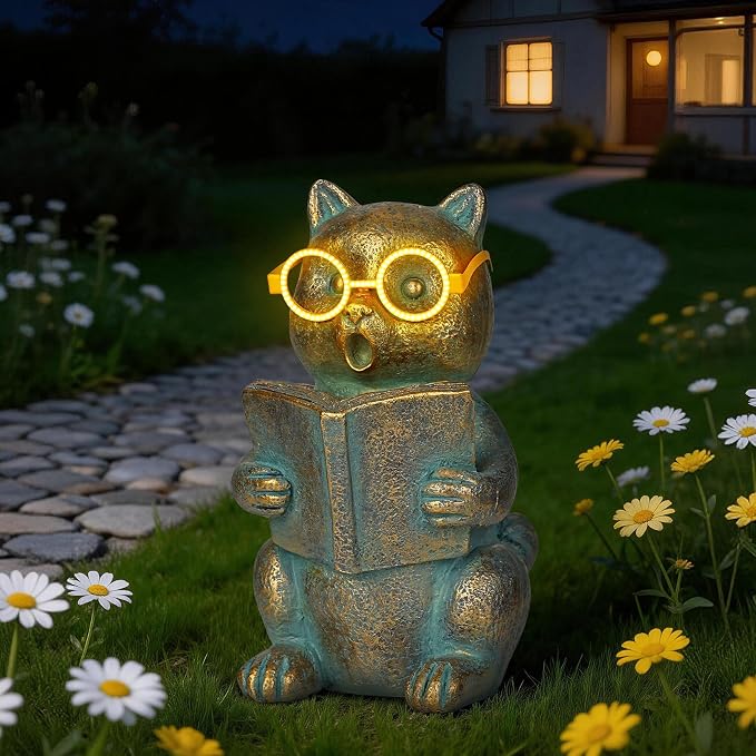 Bronze Resin Solar Reading Cat Decor with Light-Up Glasses, Outdoor Statue Garden Animal Ornament for Patio Yard Porch Home Gift for Women Cat Lovers