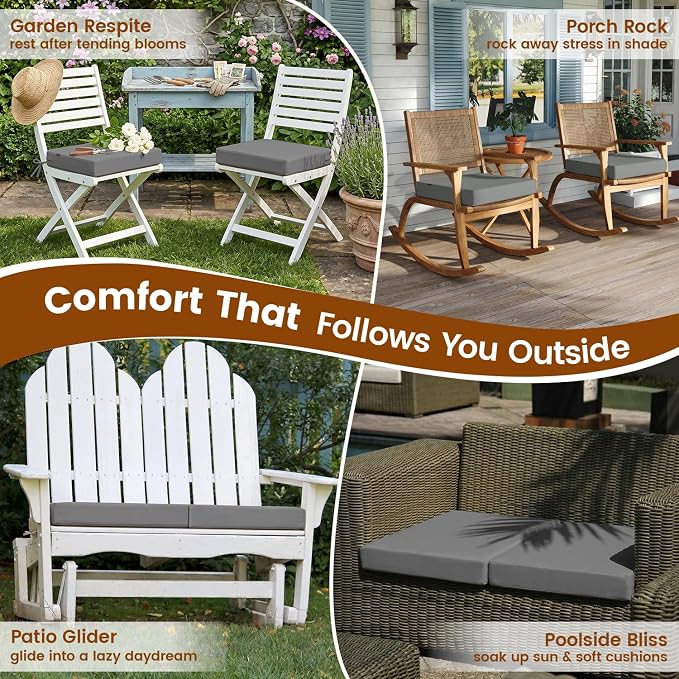 Favoyard Patio Chair Square Cushions Set of 2, Grey, 19 x 19 x 3 inches | 5-Year Fade-resistant & Water-resistant Memory Foam Pad with Removable Cover & Ties for Outdoor Furniture Dining Chairs Seat