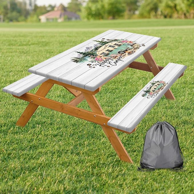 Picnic Table with Bench Covers 3PCS, Happy Camper Floral Forest Waterproof Windproof, Fitted Tablecloth Elastic Edge Drawstring Bag, Camping Essentials for BBQ RV Outdoor Party, 30X60 inch
