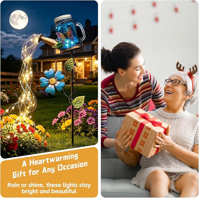 SRNPMIU Solar Watering Can Light, Yard Outdoor Decor Lights, IP65 Waterproof, Hanging Butterfly Garden Light, Outside Garden Flower Bed Decor, Women Gift, Birthday Gifts