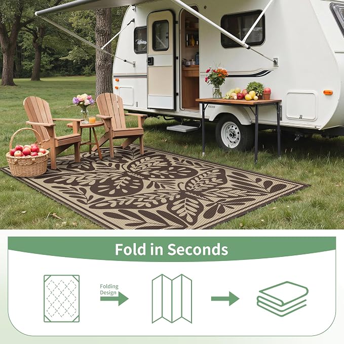 GENIMO Outdoor Rug 6' x 9' Waterproof for Patio Clearance, Reversible Plastic Straw Camping Mat, Lightweight Carpet for Rv, Camper, Deck, Porch, Picnic, Balcony, Beach,Khaki Coffee & Beige