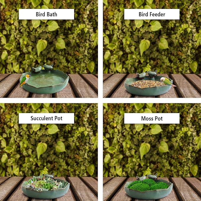 Moss Green 9.45 Inch Ceramic Heavy Duty Wild Bird Bath Bowl or Feeder for Outdoor Garden, Bowl Only