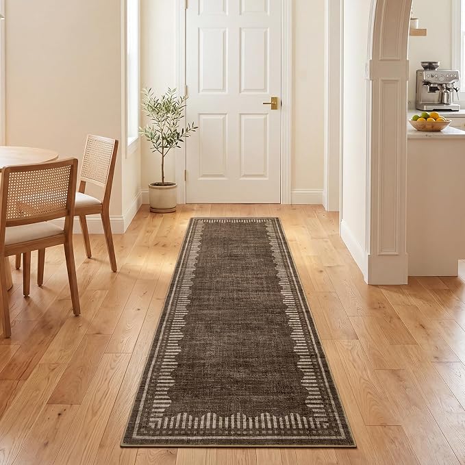 Garvee 2x8 Runner Rug Hallway Kitchen Washable Neutral Solid Brown Runners | Low Pile Stain Resistant Modern Geometric Living Room Bedroom Long Runner Throw Carpet Scalloped Nuesery Entry Area Rugs
