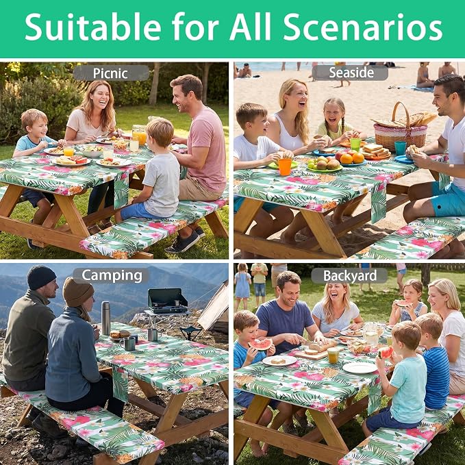Jobunai 3 Piece Picnic Table Cover with Bench Covers Elastic Fitted Heavy Duty Camping Table Cloths for 8Ft Tables Camper Travel Trailer Must Haves Motorhome Garden Organization Moms Dads Kids Gift