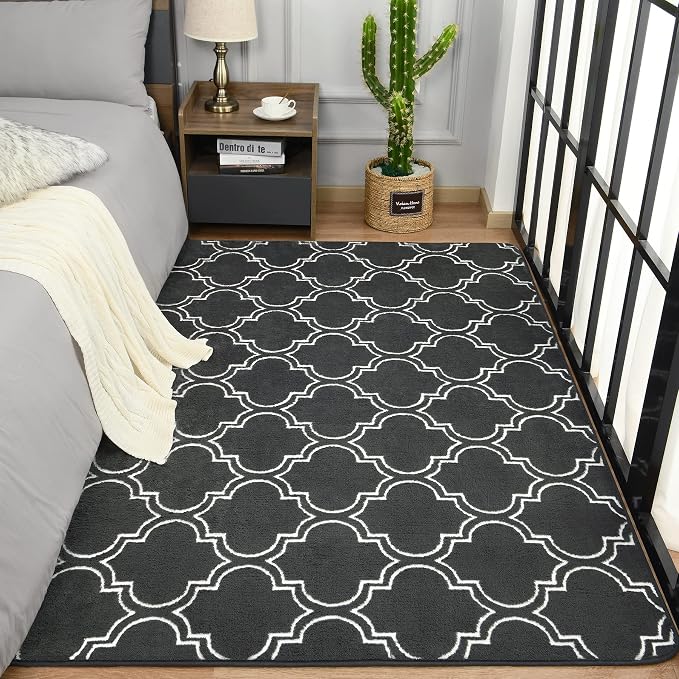 Chicrug 7x10 Shag Geometric Modern Area Rug for Bedroom Living Room | Memory Foam Indoor Carpet, Fluffy Rug for Bedside Room for Family Girls Kids Play Mat, Dark Grey and White