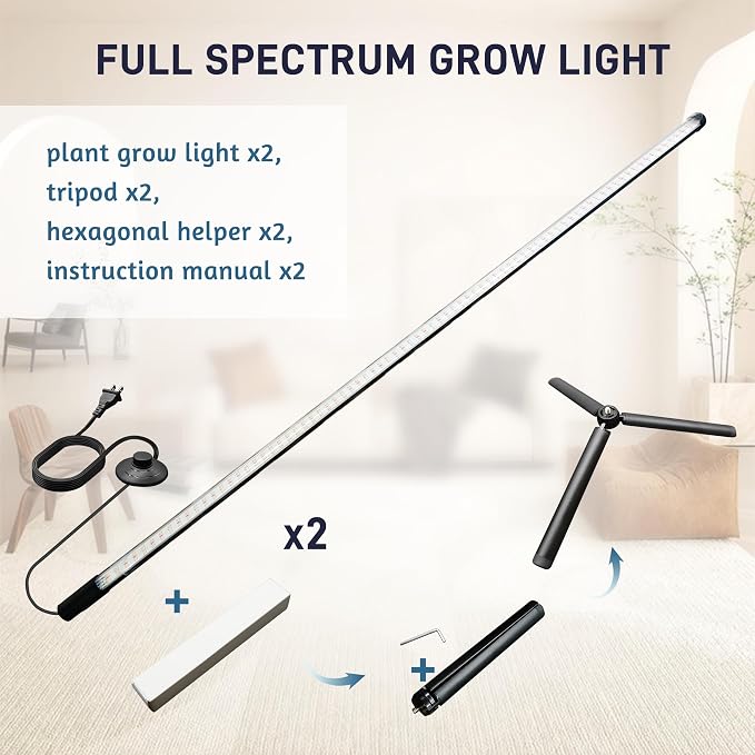 2PCS T8 Standing Grow Light, 42W Full Spectrum LED Grow Light for Indoor Plants, Plant Lamp with 243 LEDs, Wide Illumination Area, 4FT Height with On/Off Switch and Tripod Floor Stand