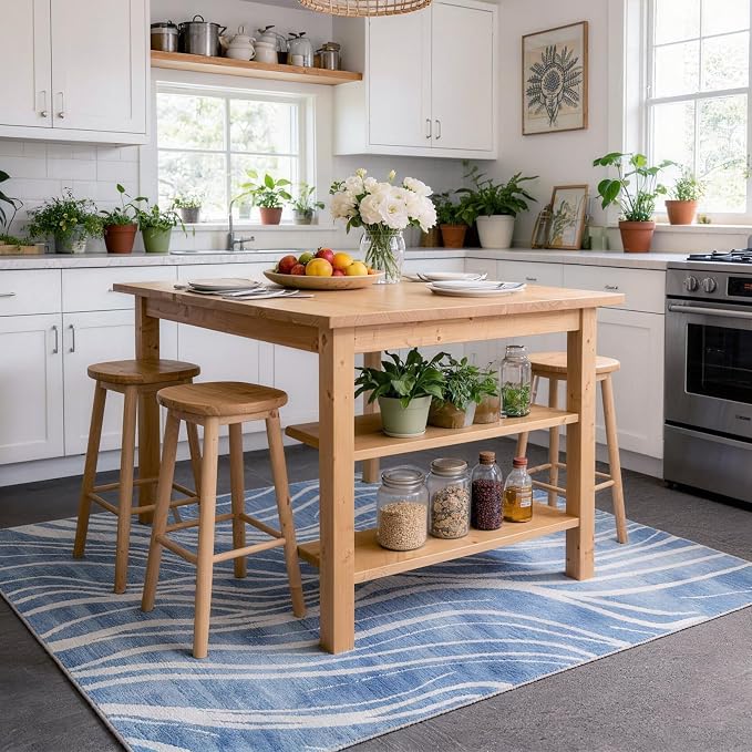 Washable Area Rug 5x7, Large Soft Rugs for Living Room Blue Waves Carpet 5x7 Area Rugs for Bedroom Dining Room Non-Slip Stain Resistant Under Table Rug