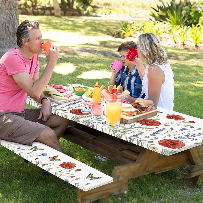 Picnic Table Cover with Bench Covers Elastic Edges, Wildflower Camper Fitted Table Cover, Outdoor Camping Essentials 72 Inch 3PCS, Waterproof Camping Fitted Tablecloth with Drawstring Bag
