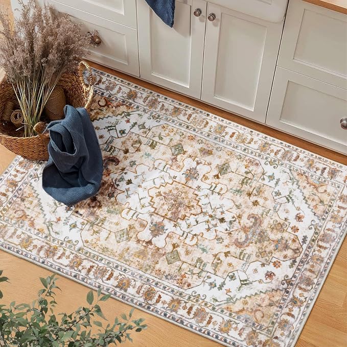 SERISSA 2x3 Washable Non Slip Boho Small Area Rug for Entryway,Peach Cream | Ultra Soft Vintage Oriental Carpet Low-Pile Tribal Indoor Mat for Bedroom Kitchen Bathroom Entrance Floor