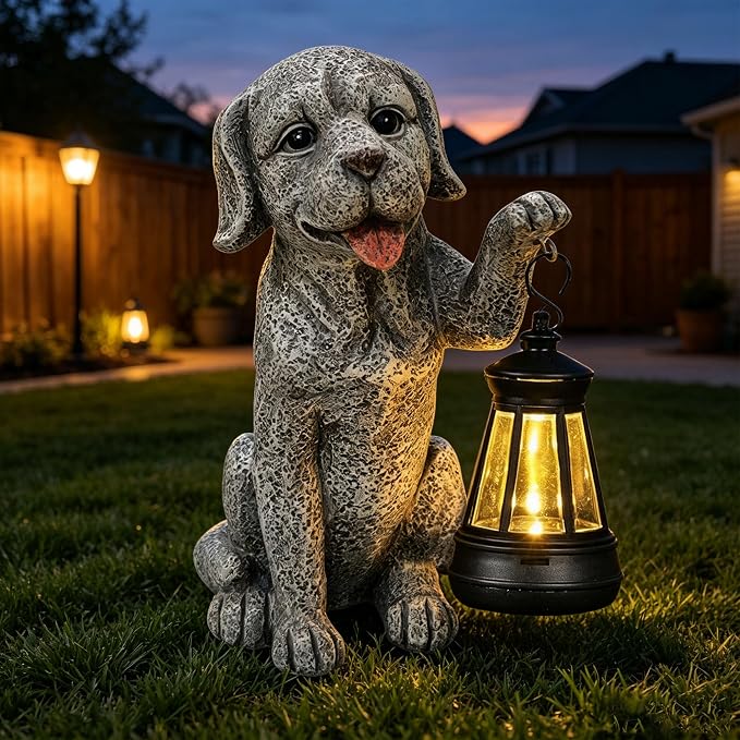 Dog Statue Garden with Solar Lantern - Ideal Gifts for Outdoor Patio, Figurine for Dogs – Gift for Mom, Grandma, Dog Lovers,Birthdays Housewarming Present