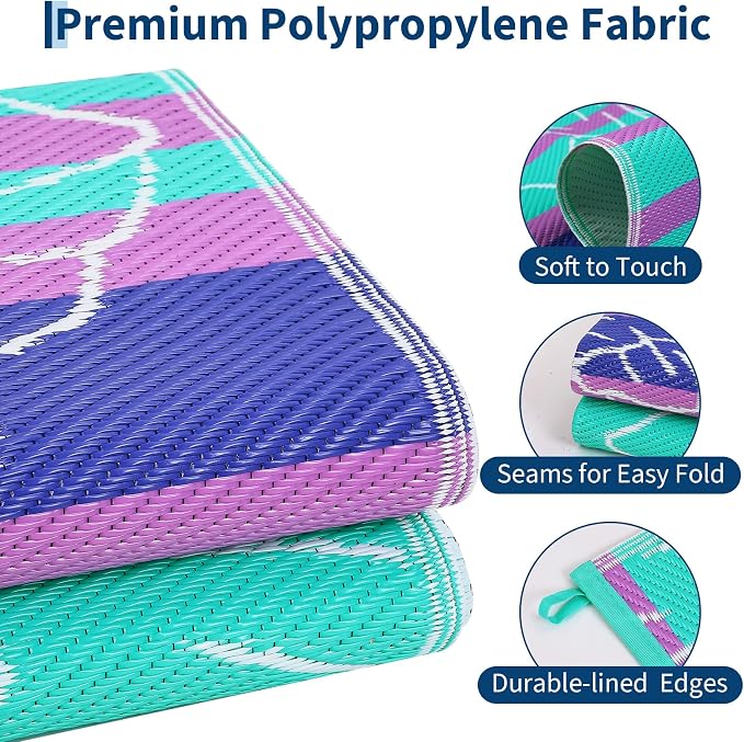 Garvee 9x12 Outdoor Waterproof Rug, Floral Outdoor Area Rug,Reversible Plastic Straw Patio Rug, Portable Camping Mat for RV, Picnic, Beach, Balcony, Garden & Camping Purple&Blue