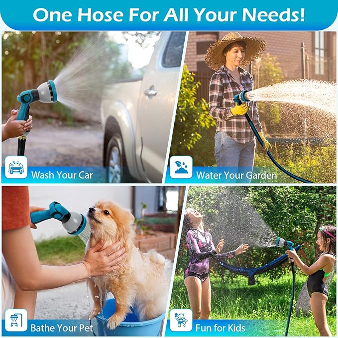 100FT Non-Expandable Garden Hose, Flexible Water Hose with Spray Nozzle, Kink-Resistant, Leakproof 3/4" Brass Connectors, Lightweight & Portable Water Pipe for Yard, Lawn Outdoor