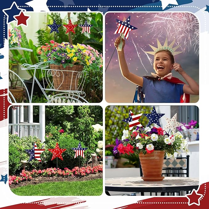 Pickmesh 6 Pcs 12" H 4th of July Outdoor Decor Patriotic Metal Yard Sign Star Red White Blue Garden Stake USA Flag American Yard Sign for Memorial Day Independence Veterans Labor Day Decoration