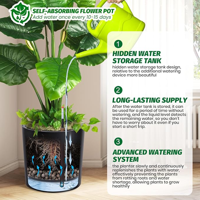 Set of 2 Tall Planters for Outdoor Plants, 20" Large Planter Pots with Drainage Holes & Water Level Monitor, Self-Watering Flower Pots for Patio, Porch, Garden, Front Door Decor, Indoor Outdoor