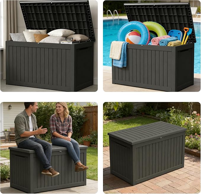 200 Gallon Outdoor Storage Box Resin Deck Box All Weather Waterproof Large Lockable Storage Container Deck Box for Patio Furniture, Garden Tools, Lockable, Black New