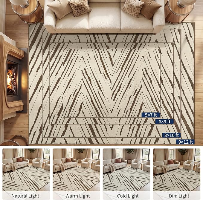 8x10 Area Rug for Living Room, Large Washable Cream Brown Rug | Large Washable Rug for Living Room, Dining Room, Bedroom, and Family Room with Abstract Stripes and Non-Slip Backing.