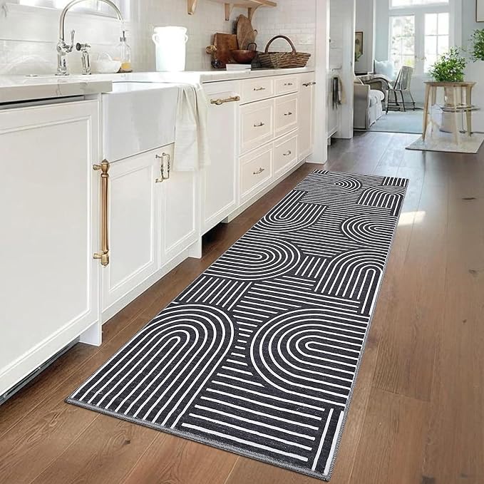 ROYHOME Modern 2.5x8 Hallway Runner Rug Non Slip Soft Kitchen Rug, Black | Abstract Washable Mat, Rainbow Geometric Runners Rugs for Bedroom, Long Rugs for Entryway Arch Pattern Bathroom Laundry Dorm