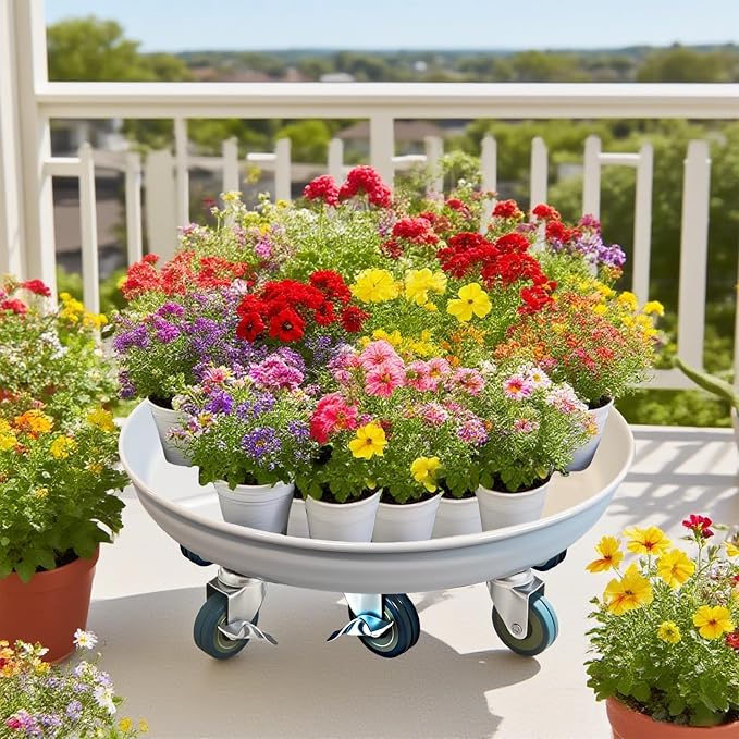 20 Inch Heavy Duty Plant Stand on Wheels, Round Plant Caddy with Wheels for Indoor & Outdoor Use, Metal Rolling Tray for Potted and Small Furniture, White