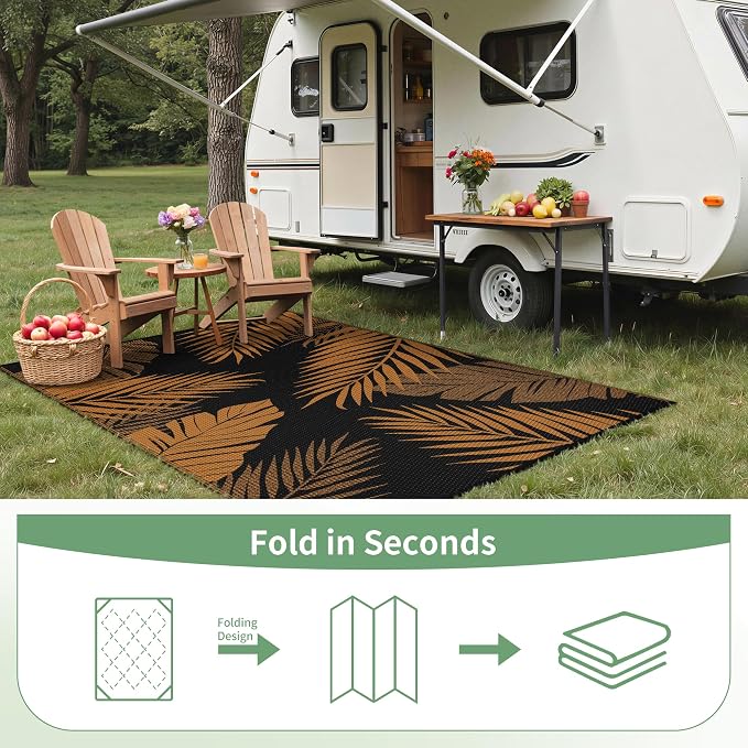 GENIMO Outdoor Rug 6' x 9' Waterproof for Patios Clearance, Reversible Outdoor Plastic Straw Camping Rug Carpet, Large Area Rugs Mats for RV, Camper, Deck, Balcony, Porch, Beach, Picnic, Orange&Black