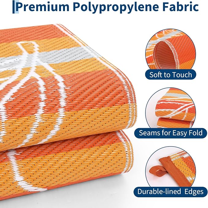Garvee 6x9 Outdoor Waterproof Rug, Floral Outdoor Area Rug,Reversible Plastic Straw Patio Rug, Portable Camping Mat for RV, Picnic, Beach, Balcony, Garden & Camping Orange