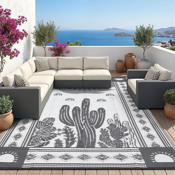 Garvee Reversible Cactus Outdoor Rug 8x10 for Patio, Waterproof Outdoor Area Rug, Modern Desert Botanical Indoor Outdoor Rugs, Plastic Straw Rug for RV, Camping, Deck, Grey