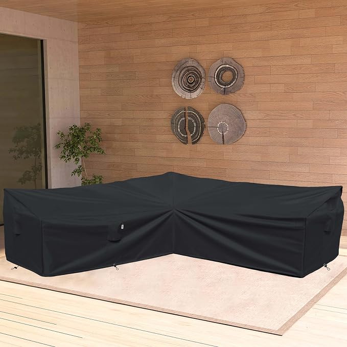 Heavy Duty Outdoor Sectional Sofa Cover, 130-inch L-Shaped Waterproof 600D Patio Furniture Covers, Lawn Patio Couch Protector(Midnight Black, V-Shaped-130" x 130")