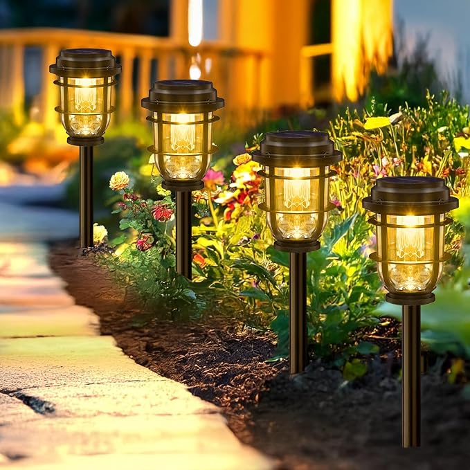 Vuees 8-Pack Solar Pathway Lights, 3-in-1 Design Outdoor Garden Patio Decor | 3000K warm glow, stake, tabletop or hanging setup, no wiring, rain-ready build, walkway, poolside and deck placement