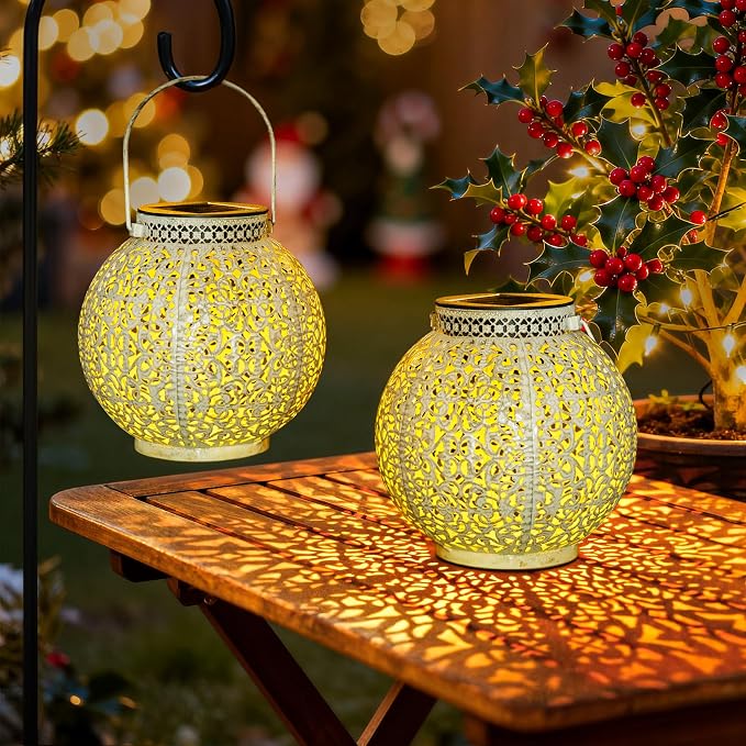 TAKE ME 2 Packs White Solar Lanterns Outdoor Waterproof Garden Laterns Metal Retro Lights for Mothers Gifts Mom Wife Grandma Birthday Gifts (White Set of 2)