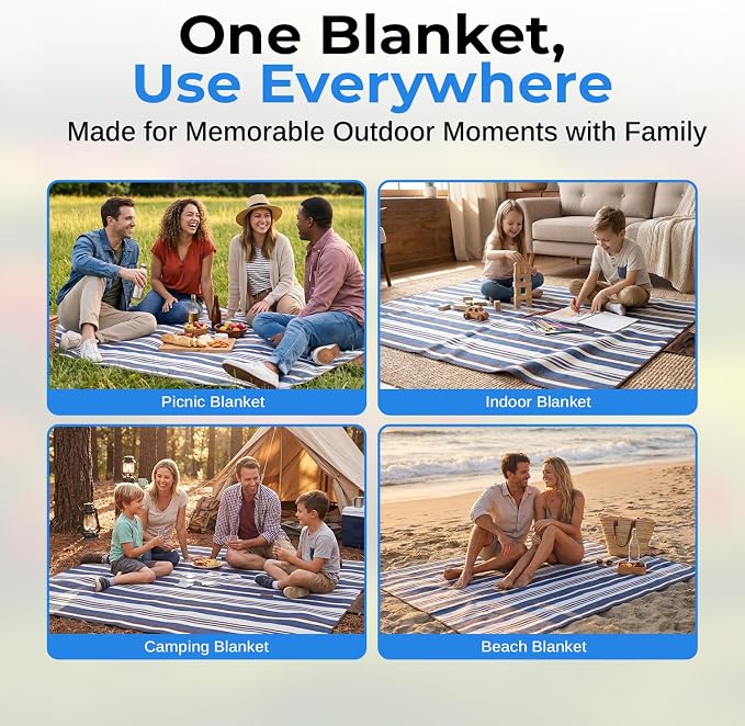 scuddles 60" x 80" Extra Large Outdoor Picnic Blanket – Waterproof, Foldable Travel Mat for Beach, Camping, Grass, Lawn, Park – Dual Layer, Sand-Free, Soft Throw Rug Fits 4 Adults, Summer Accessories