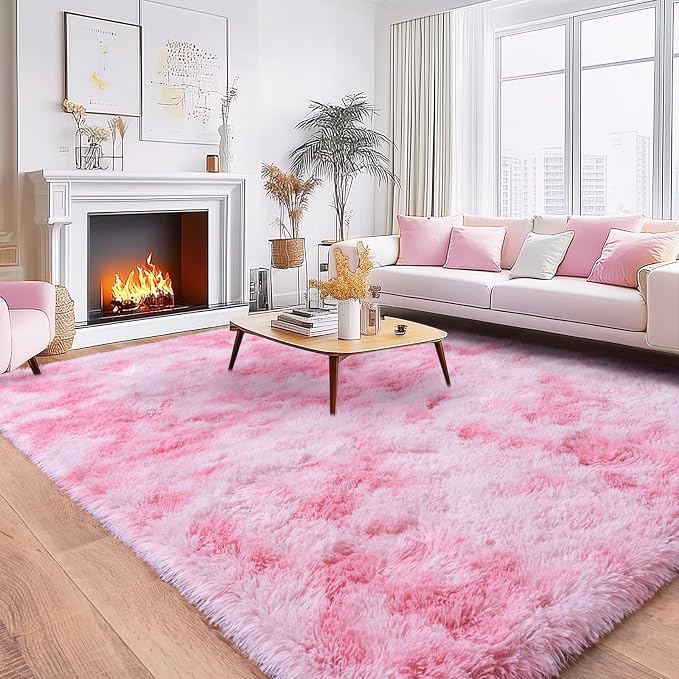 8x10 Area Rugs for Living Room, Large Ultra Fluffy Fuzzy Shag Rug for Bedroom, Modern Plush Soft High Pile Upgrade Non-Slip Carpet for Kids Girls and Boys Room Dorms Decor, Tie-Dyed Pink