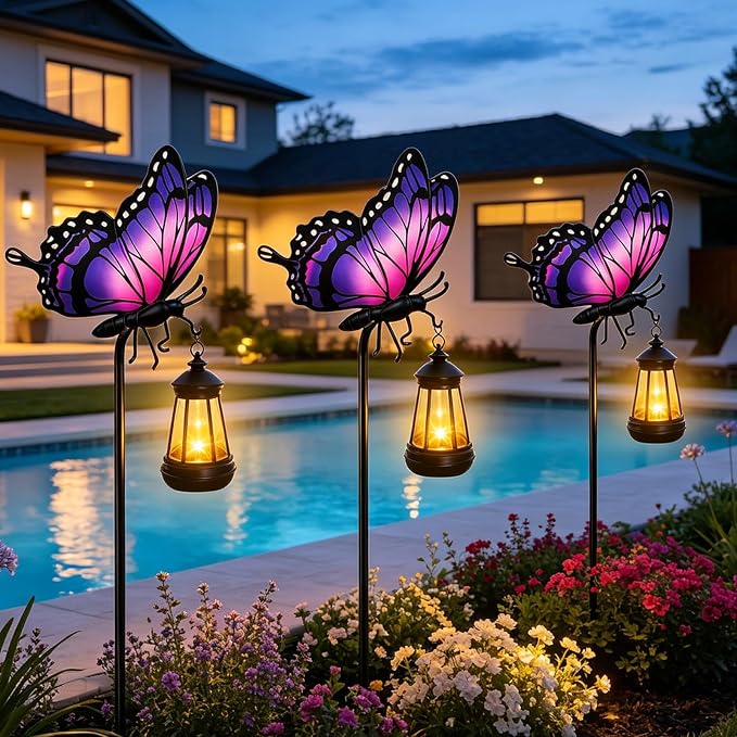 2 Pack Butterfly Solar Garden lights Outdoor Waterproof, Gift for Women Mom Grandma Daughter, Stake lights with Solar Lantern, Hanging Solar Light, Solar Path Light Yard Art Outside Patio Garden Decor