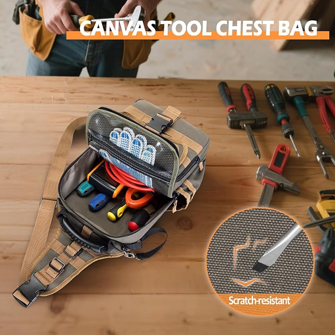 Electrician Tool Pouch Bag, Zippered HVAC Tool Organizer | Heavy-Duty Canvas Fabric, Ergonomic Handle, Removable Shoulder Strap, Ideal for Maintenance Repair Technician