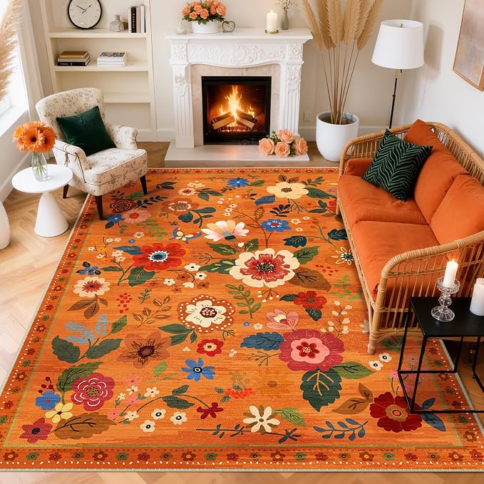 RELEANY Floral Washable 9x12 Area Rugs BurntOrange | Flower Carpet, Print, Boho, Non-Slip, Easy to Clean, Soft, Low Pile for Living Room Bedroom Kitchen Office Entryway Hallway