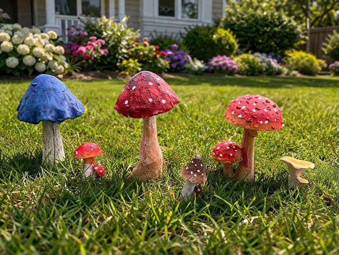 6 PCS Mushroom Decor Fairy Garden Accessories Outdoor - Assorted Sizes Resin Garden Mushrooms, Colorful Mushroom Figurines Yard Art Ornaments for Lawn, Patio, Plant Pot Decor