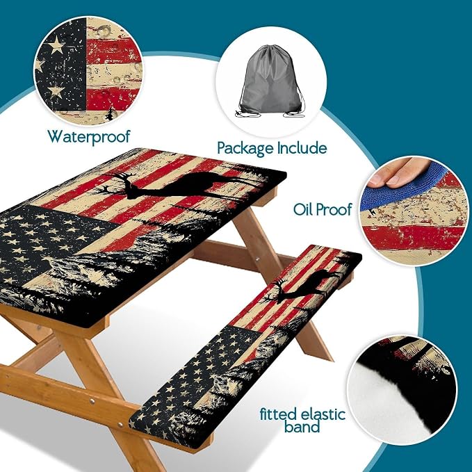 Picnic Table Cover with Bench Covers Elastic Edges, Rustic Farmhouse American Flag Camper Fitted Table Cover, Outdoor Camping Essentials, Waterproof Camping Tablecloth with Drawstring Bag, 72In 3PCS