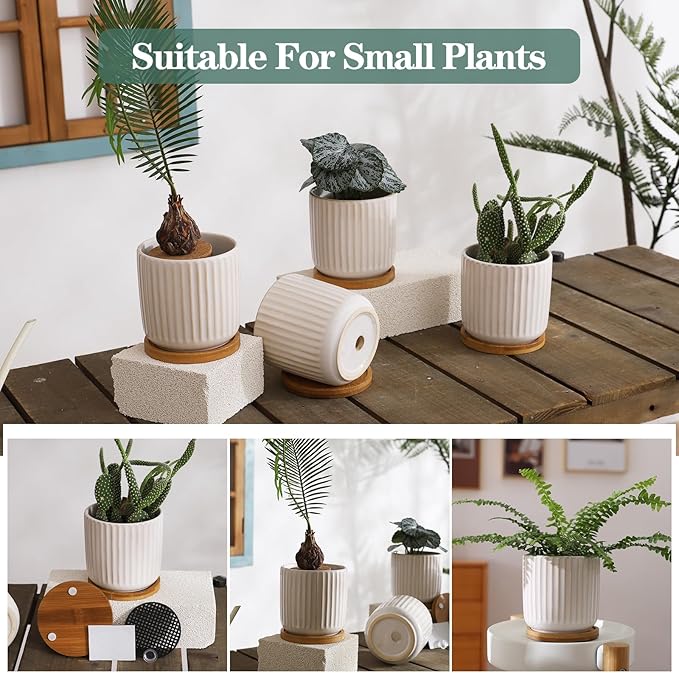 4 Inch Ceramic Plant Pots, White, Set of 4 | Drainage Holes, Modern Vertical Pattern, With Saucer, For Indoor Plants, Succulent, Cactus & Herbs