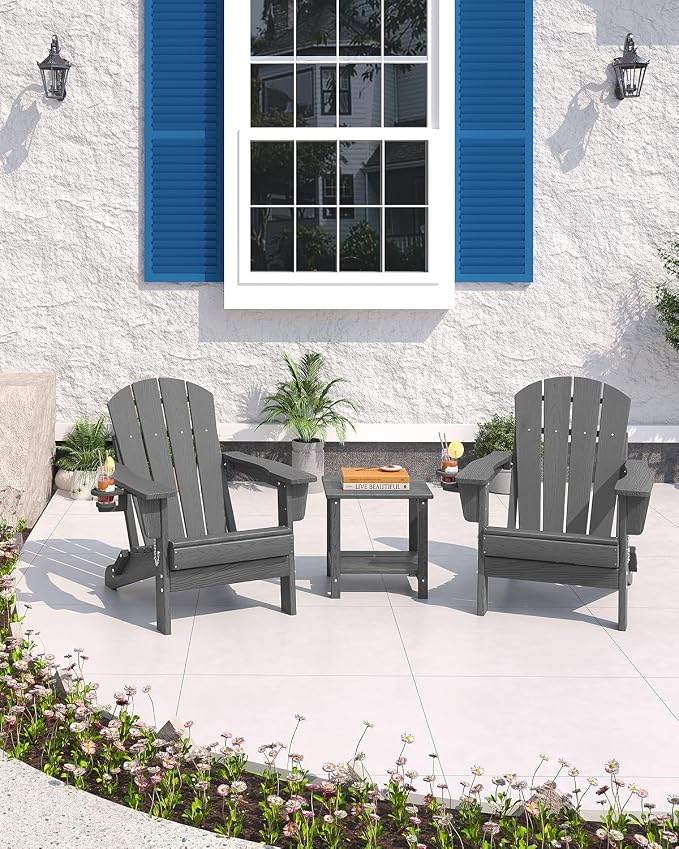 Folding Adirondack Chair Set of 4 with 2 Side Table, All-Weather HDPE Outdoor Chair, Wooden Textured with Cup Holder for patios, Decks, Gardens, fire pits, Grey