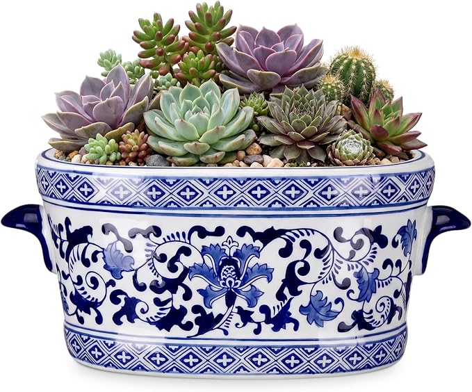 LemonRoad Blue and White Ceramic Planter Pot 14 x 7.7 x 6.1 inches Porcelain Vintage Floral Oval Cachepot Vase Chinoiserie Decor for Indoor Plants Flowers Succulents Home Living Room(Elegant Style)