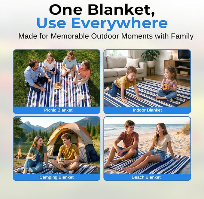 scuddles Extra Large Picnic Blanket 80 x 80 Inch, Waterproof Outdoor Mat with 3 Layer Soft Cushion, Foldable Compact Design with Carry Strap for Beach, Camping, Hiking, Parks and Travel Use