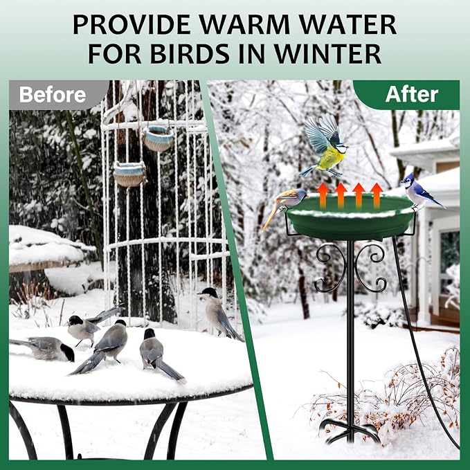 Daoeny Heated Bird Baths for Outdoors, Upgraded 100W Thermostatically Controlled Heated Bird Bath with 5-Prong Metal Base, Heated Bird Bath for Outside Winter Garden Patio Yard Lawn(Green)